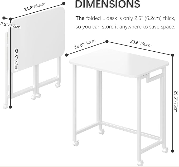 4NM 23.6" Mobile Small Rolling Computer Desk, Folding Laptop Cart Table with Wheels, Portable Office Desk for Small Space Couch Bed - All White - Image 3