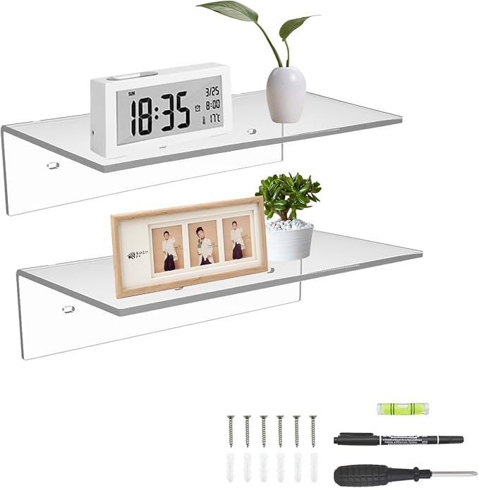 Sezanrpt 12 Inches Acrylic Wall Shelves 2 Pack, Floating Shelf for Wall Mounting, Acrylic Display Ledges for Funko Pop Figures, Home Décor, Living Room, Gaming Room, Plants(12 inch, Clear) by Sezanrpt