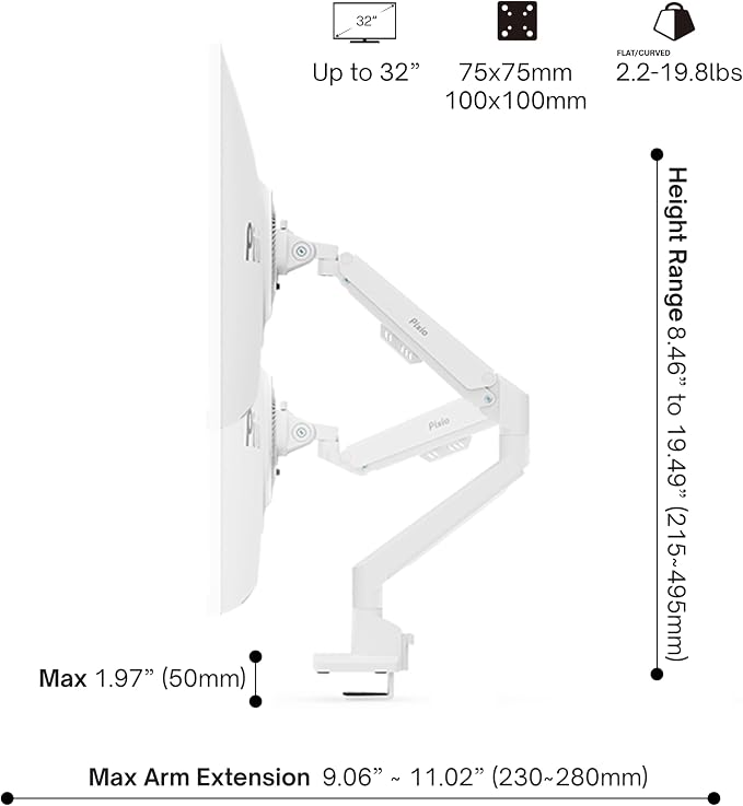Pixio PS1S Wave White Single Monitor Arm Stand Desk Mount - Fits up to 32 inches Monitors and up to 19.8lbs. VESA Compatibility and Integrated Cable Management - Image 4