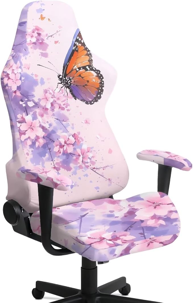 Butterfly Gaming Chair Covers Pink Ink Washing Floral Computer Game Chair Covers Stretchable Cherry Blossom Split Armchair Slipcover with Armrest for Home, Office, Workstation by Merkmak