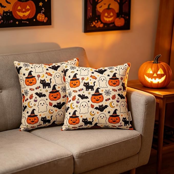 Halloween Throw Pillow Covers, Pumpkin Ghost Linen, 18x18 Inch, Set of 2, Envelope Closure, Living Room Decor - Image 5