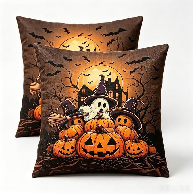 Halloween Throw Pillow Covers, Linen, 18x18 Inch, Set of 2, Ghost Pumpkin and Bat Design, Machine Washable by Unknown