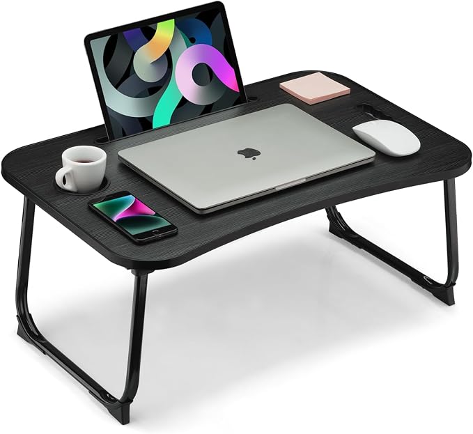 Foldable Lap Desk, Laptop Bed Desk, Portable Lap Table, Laptop Bed Table with Cup Holder & Tablet Slot & Lifting Handle for Working Writing Drawing & Eating - Black by VIFOCAE