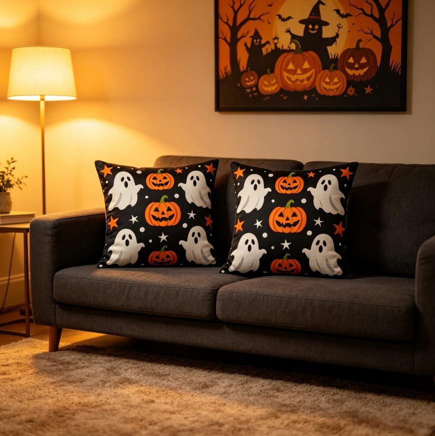 Halloween Ghost Throw Pillow Covers, Black, Linen, 18x18 Inch, Set of 2, Machine Washable, Square, Living Room - Image 4