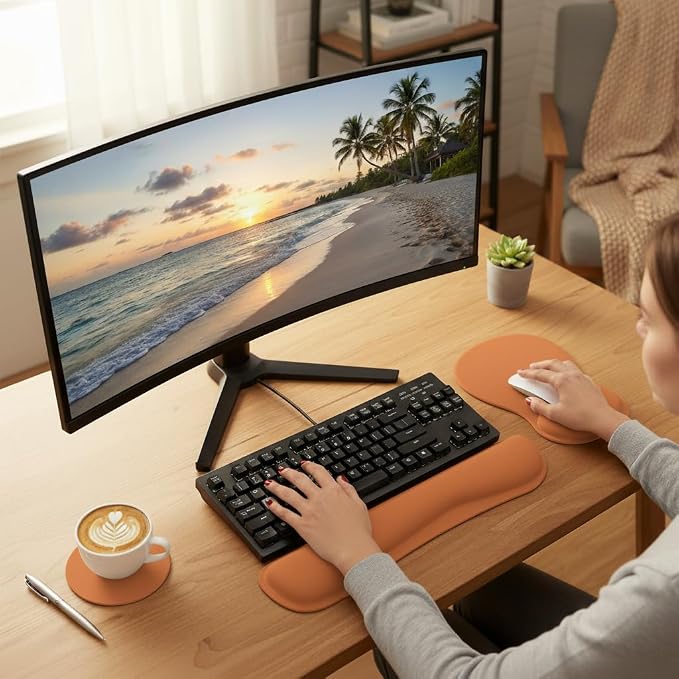 RICHEN Wrist Rest Support for Mouse Pad&Keyboard Set with Coaster,Concave Curved Memory Foam, Non-Slip Base Pain Relief Comfortable Easy Typing Pad for Home/Office (Starry Orange) - Image 5