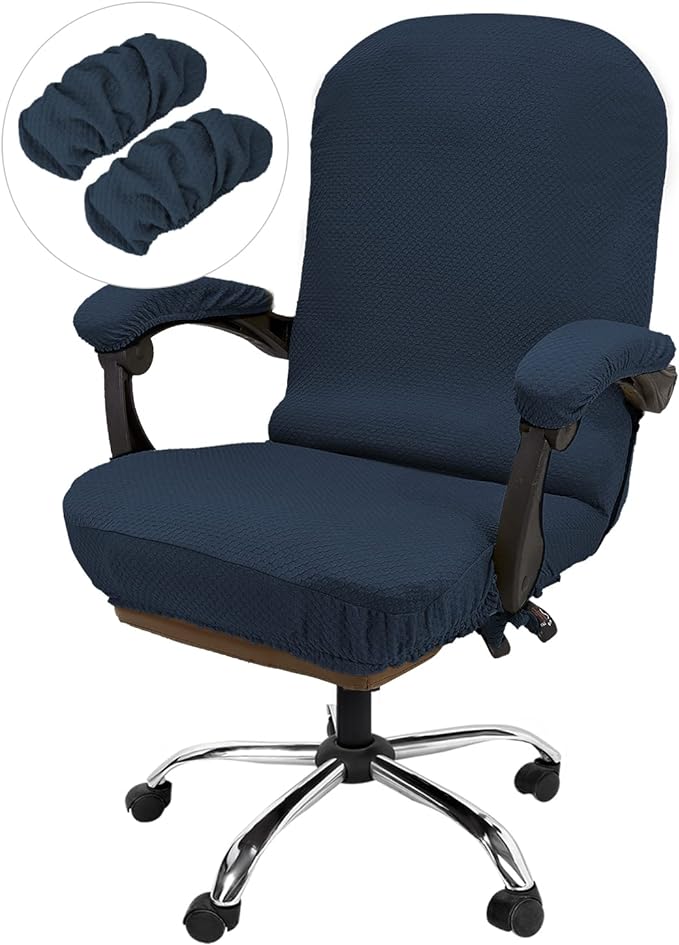 NeColorLife Oversized Office Chair Cover with Armrest Covers,XL,Navy Blue | Thick Stretch Jacquard Fabric; Fits Most Extra Large High-Back and Big & Tall Executive Chairs; Includes 2 Armrest Covers. by NeColorLife