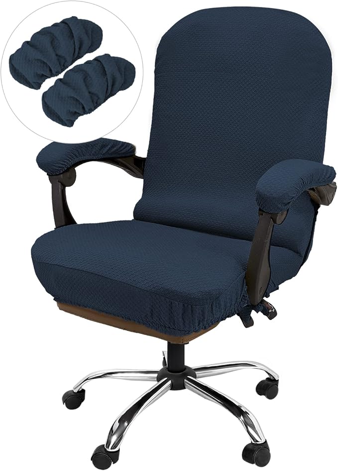 NeColorLife Office Chair Cover with Armrest Covers,Large,Navy Blue | Stretch Thick Jacquard Fabric Fits Most High-Back Executive and Desk Chairs; Machine Washable,Includes 2 Armrest Covers - Image 2