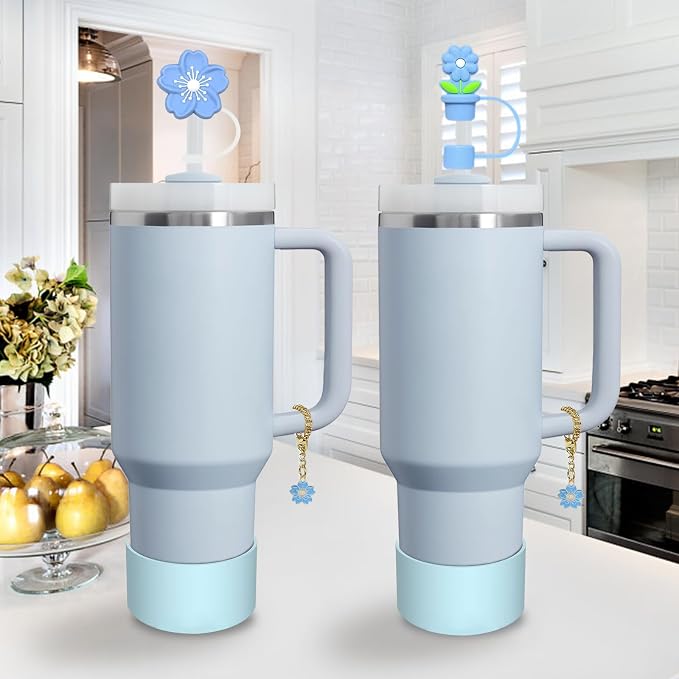 Stanley Cup Accessories Set,Including 2 Pcs 0.4in Straw Cover, 1 Silicone Spill-Proof Stopper Set of 3, 1 Cute Flower Handle Charm, 1 Silicone Boot Fits Stanley 40&30 Oz Tumbler (Blue) - Image 7