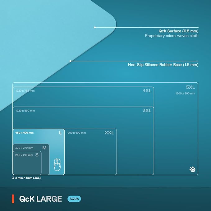 SteelSeries QcK Cloth Gaming Mouse Pad - Exclusive Micro-Woven Surface - Optimized for Gaming Sensors - Maximum Control - Size L - Aqua - Image 5