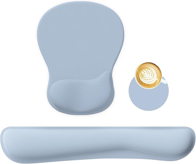 RICHEN Wrist Rest Support for Mouse Pad&Keyboard Set with Coaster,Concave Curved Memory Foam, Non-Slip Base Pain Relief Comfortable Easy Typing Pad for Home/Office (Light Blue) by RICHEN