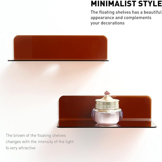 OAPRIRE Acrylic Floating Wall Shelves Brown, No Drill, 9 Inch 2 Pack - Image 5
