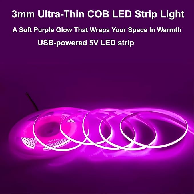 Ultra Thin 3mm 5v USB Cob Led Light Strip Gaming Desk Pc Setup Mood Lighting(Purple, 2ft) - Image 4