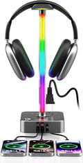 cozoo Headphone Stand with Charger, USB C, Gifts for Gamers Men, Gray Pro | Gaming Headset Stand Holder for Desk, 3 USB(1 USB C) and 2 AC Outlets Charging Ports, Headphone Hanger, Gamer Gifts for Men by COZOO