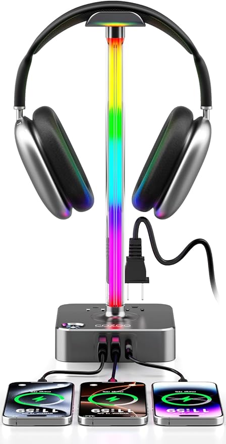 cozoo Headphone Stand with Charger, USB C, Gifts for Gamers Men, Gray Pro | Gaming Headset Stand Holder for Desk, 3 USB(1 USB C) and 2 AC Outlets Charging Ports, Headphone Hanger, Gamer Gifts for Men by COZOO