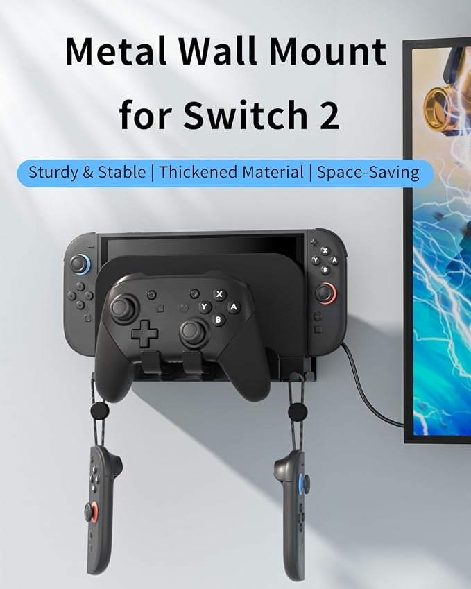 Metal Wall Mount for Nintend0 Switch 2 / OLED / Switch Console, All-in-One Metal Bracket with Pro Controller Holder, Universal Storage Rack for Dock, JoyCons & Pro Controller, Space-Saving Design - Image 2