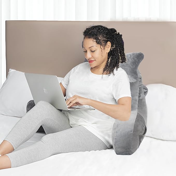 SLIGUY Reading Pillow for Sitting in Bed Couch Adult, Back Pillow with arm Support and Pockets, Adult Back Pillow Bed Chair for Bed Rest, Reading, Watching TV, Gaming for Boys and Girls Light Grey - Image 6