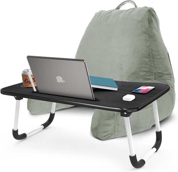 Nestl Reading Pillow with Portable Laptop Lap Desk - Shredded Memory Foam Back Support Pillow for Sitting Up in Bed and Couch Rest Pillows with Arms, Bed Tray Table with Foldable Legs, Sage Green by Nestl