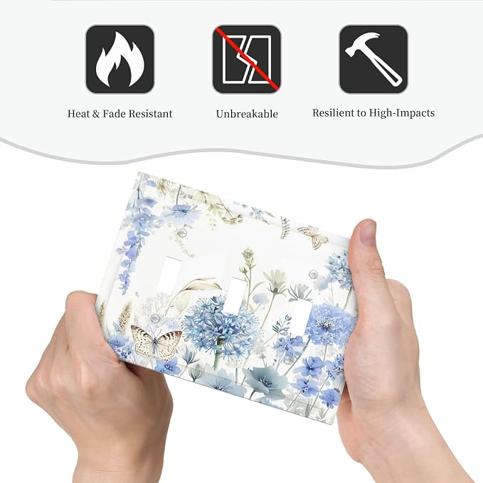 Decorative Light Switch Cover Plate Blue Floral Hydrangea Watercolor Wildflower 3 Gang Wall Plate Triple Toggle Switch Plate Covers 3 Hole Electrical Switchplate Dimmer Faceplate for Bathroom - Image 6