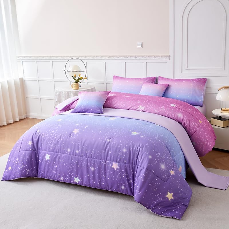 Pink and Purple Comforter Set Queen,Girls Galaxy Comforter Set,Purple Bedding Set Queen,Bed in A Bag Comforter for Children Girls Teen Kids,Bedroom Comforter Decoration Queen 7Pcs - Image 4
