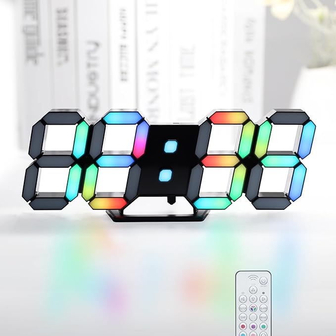KOSUMOSU LED Digital Clock Neon Clock 9.7" Black Gaming Clock RGB LED Wall Clock for Living Room Desk Clock Large Display Clock for Bedroom, Black Clock with Dimming by KOSUMOSUTECHNOLOGY