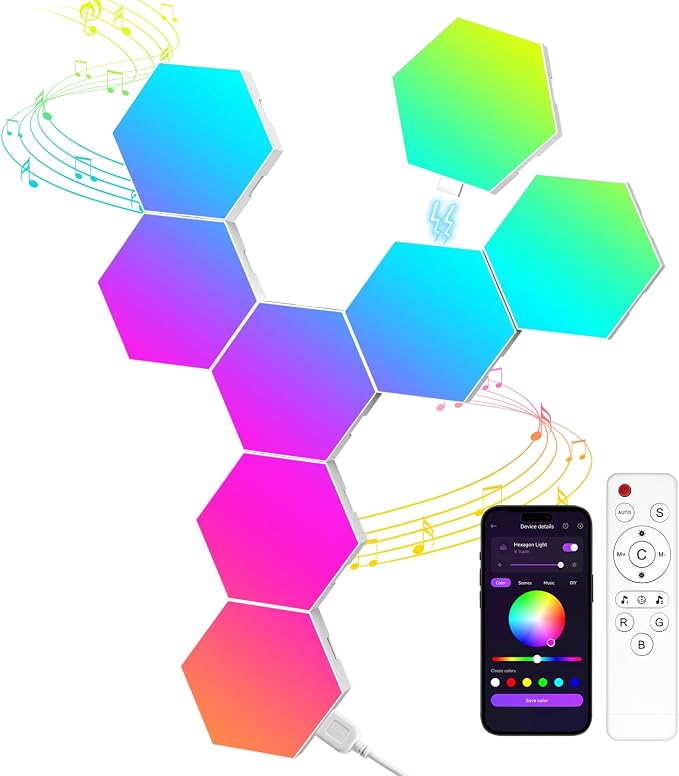 Hexagon LED Light Panels 8 Pack – Smart RGB Wall Lights with APP & Remote Control – Music Sync Modular Gaming Lights for Bedroom, Living Room, Wall Decor by MeRGBWLife
