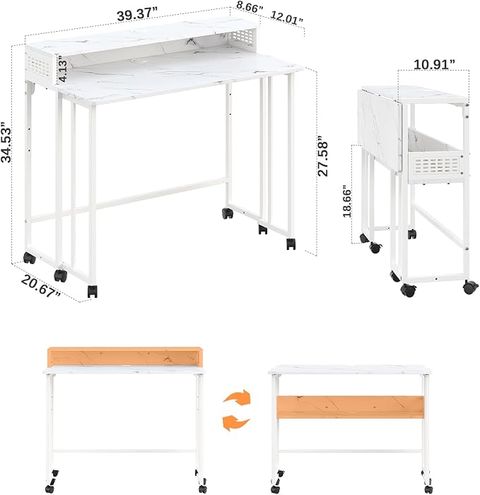 39.4" Folding Desk with Storage Shelf, Small Rolling Desk,White Marble - Image 3