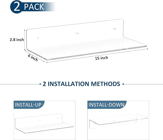 Sezanrpt 15 Inches Acrylic Wall Shelves 2 Pack, Floating Shelf for Wall Mounting, Acrylic Display Ledges for Funko Pop Figures, Home Décor, Living Room, Gaming Room, Plants(15 inch, Clear) - Image 3