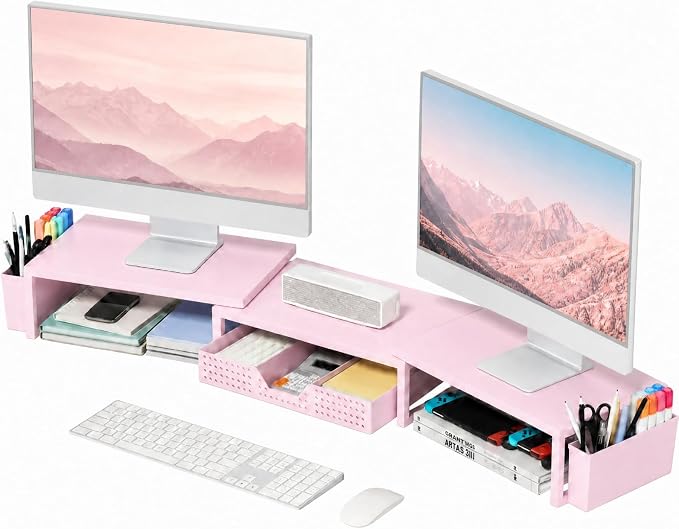 OPNICE Desk Organizers and Accessories, Dual Monitor Stand Riser with Drawer and 2 Pen Holders, Desk Shelf Computer Racks for Office Workspace Organizers, Desktop Organization (Peach-Pink) by OPNICE
