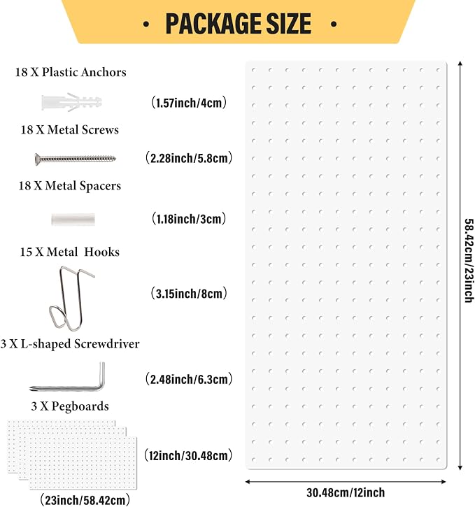DEWEL 3 Pack White Metal Pegboard, 23x12 Inch Wall Organizer with Hooks - Image 2