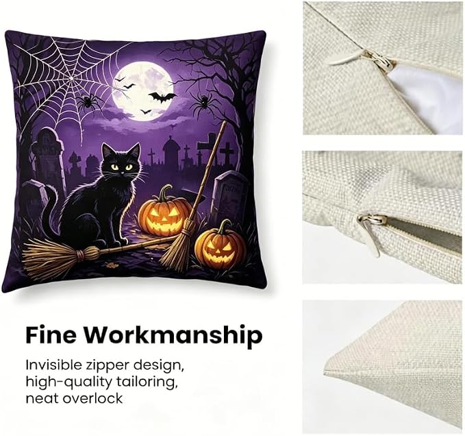 Halloween Throw Pillow Covers Linen, Black Cat Pumpkin Witch Spider Web Design, 18x18 Inch, Set of 2 - Image 4