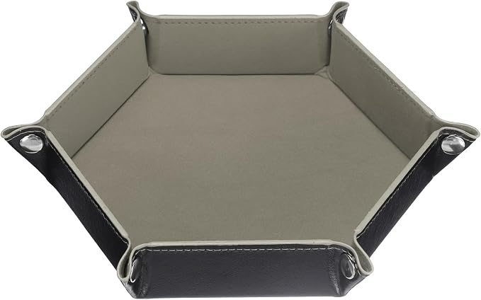 HARFINGTON PU Leather Dice Tray Unisex Valet Tray Folding Hexagon Tray Portable Entryway Table Nightstand Bedside Desk Holder for Key Wallet Watch Coin Jewelry, Gray by HARFINGTON