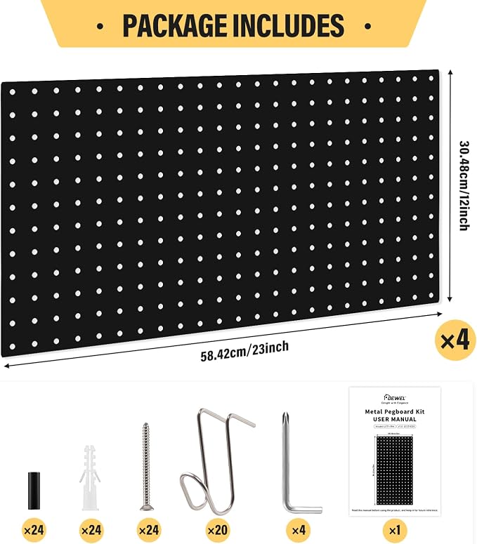 DEWEL 4 Pack Black Metal Pegboard, 23x12 Inch Wall Organizer Kit with Hooks - Image 3