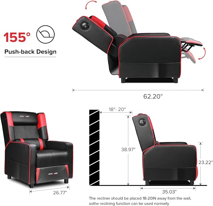 GTPLAYER Gaming Recliner Chair with Bluetooth Speakers Racing Style Single Gaming Sofa Modern Living Room Recliners Ergonomic Comfortable Massage Home Theater Seating, Red - Image 2