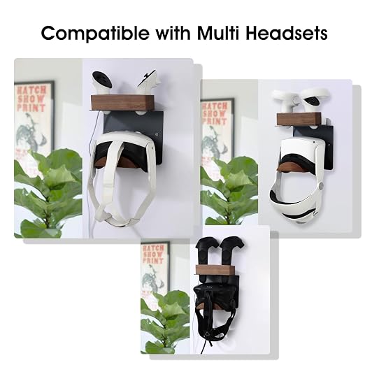 NIRVASH Walnut VR Headset Wall Mount Holder, Wood VR Wall Stand Storage Hook Compatible with Meta/Oculus Quest 3, 2, 3S, Vive Display Hanger, Game Room Decor Vintage Gift Organizer Shelf (No Charger) - Image 3