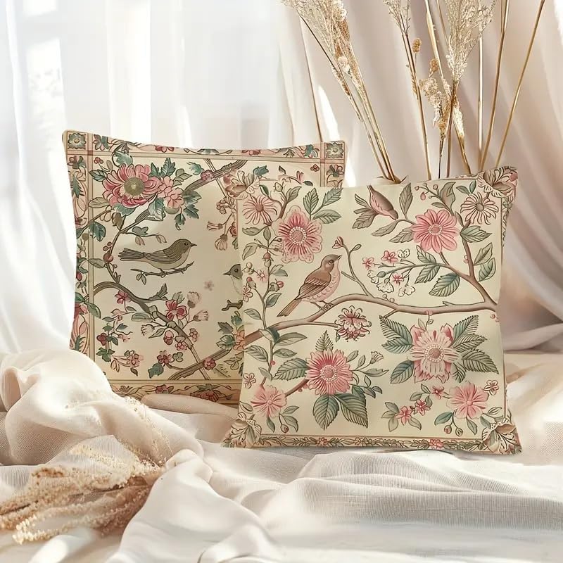 Vintage Floral Bird Print Decorative Throw Pillow Covers, Beige with Pink Flowers and Green Leaves, Traditional Garden Design, 2-Pack， 18x18 Pillows Linen Pillowcase - Image 4