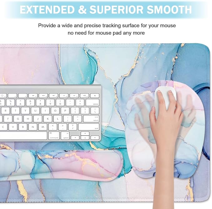 Keyboard Wrist Rest Large Mouse Pad Wrist Support for Computer, 4 in 1 Memory Foam Keyboard Pad Desk Mat Ergonomic Hand Rest Wrist Cushion for Home Office Gaming - Blue Marble - Image 3