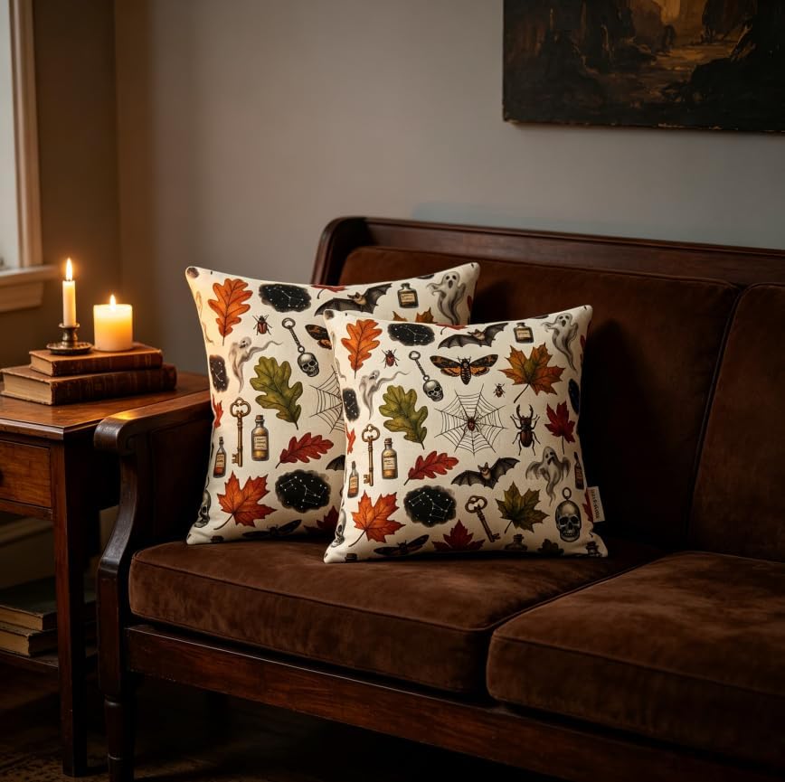 Halloween Throw Pillow Covers, Spooky Vintage Pattern, Linen, 18x18 Inch, Set of 2, Machine Washable, Living Room Decor - Image 6