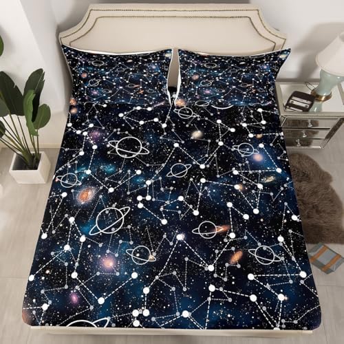 Galaxy Bed Sheets Set King Constellation Sheet Set 4 Pcs Purple Universe Print Top Sheets For Kid Men Women + Deep Pocket Fitted Sheets + Starry Sky Flat Sheet + Decor 2 Pillow Cases Boys Girls - Image 2