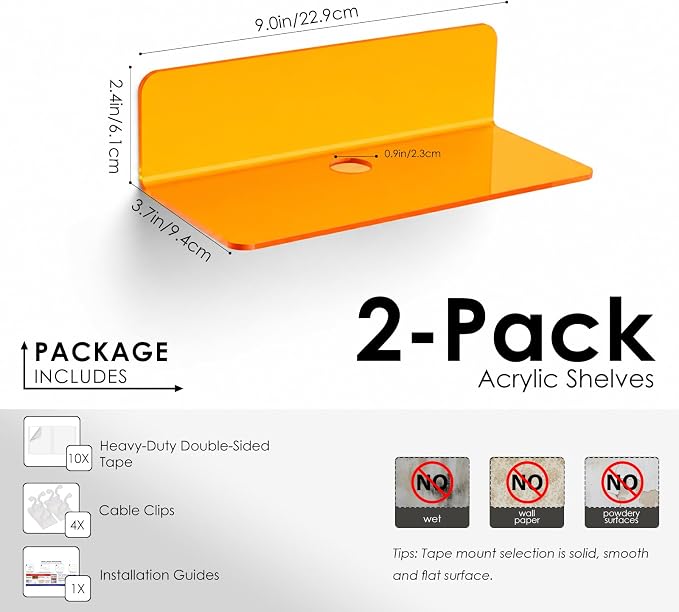 OAPRIRE Small Acrylic Floating Wall Shelves Set of 2, Flexible Use of Wall Space, 9 Inch Adhesive Display Shelf for Security Cameras/Smart Speaker/Action Figures, with Cable Clips - Clear Orange - Image 2