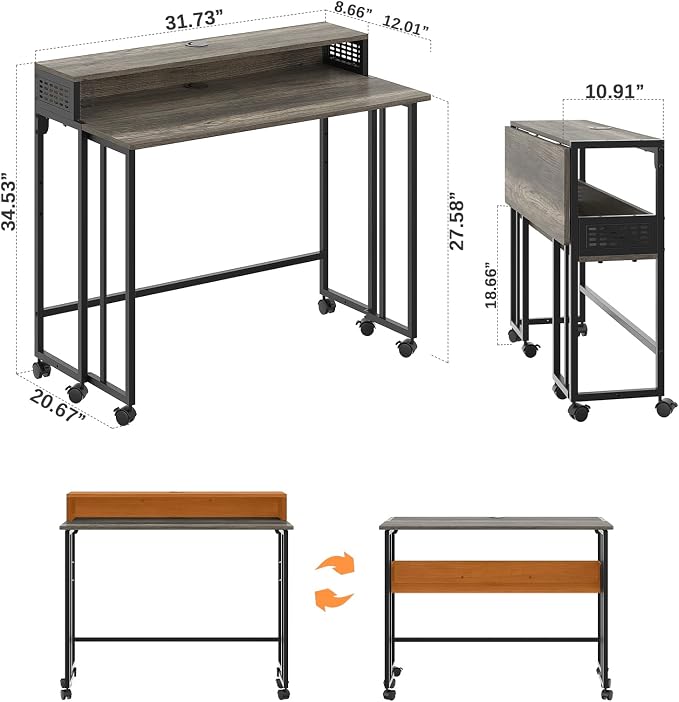 Gezen 31.5" Folding Desk with Storage Shelf, Small Rolling Desk, Dark Grey - Image 3