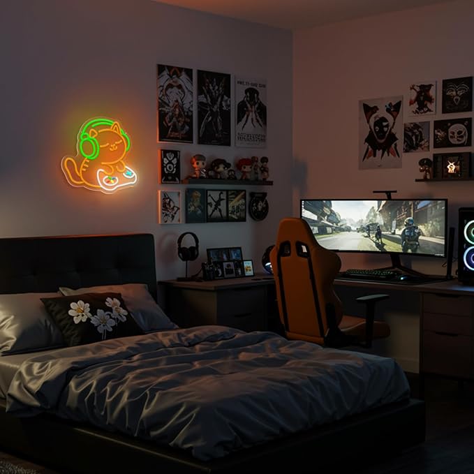 Cat Gaming Neon Sign for Wall Decor, Cute Gamer Cat LED Neon Light with Headphones & Game Controller, USB Powered Dimmable Gaming Room Neon Sign for Bedroom Desk Setup Man Cave Decor - Image 7