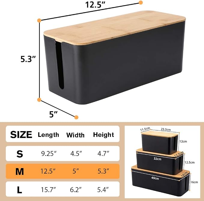 PowerKing Cable Management Boxes Organizer, Bamboo Lid, Large Storage Wires Keeper Holder for Desk, TV, Computer, USB Hub, System to Cover and Hide & Power Strips & Cords (Luxury Black) - Image 6
