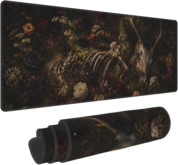 Dark Floral Skull Large Mouse Pad Desk Mat Non Slip Rubber Base Stitched Edges Office Gaming - Image 2