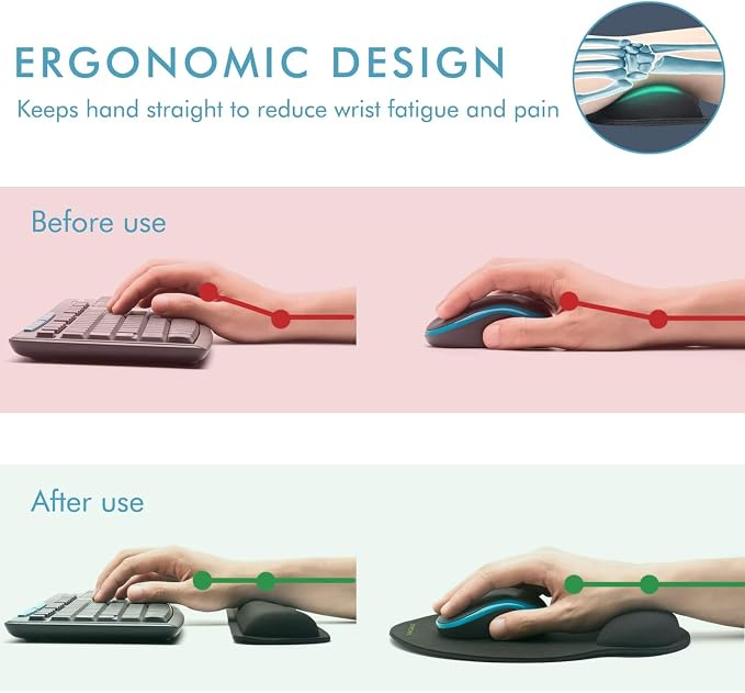 VAGAU Ergonomic Premium Memory Foam Keyboard and Mouse Wrist Rest Pads Set | Non-slip Rubber Base,Mouse Pad with Wrist Rest for Comfortable Typing &Wrist Pain Relief - Image 2