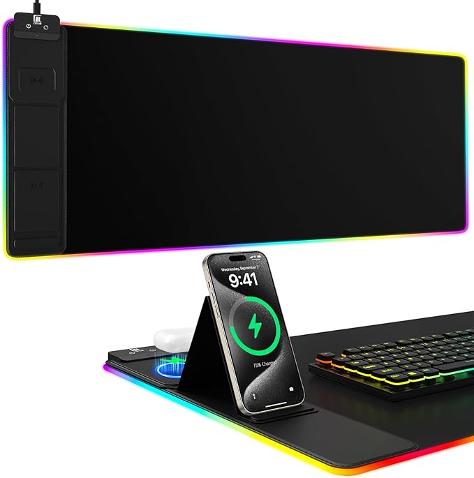 Wireless Charging RGB Mouse Pad with Phone Stand, Large Gaming Desk Mat | Dual wireless charging, foldable phone holder and RGB lighting create an organized gaming or home office desk setup. by miroddi