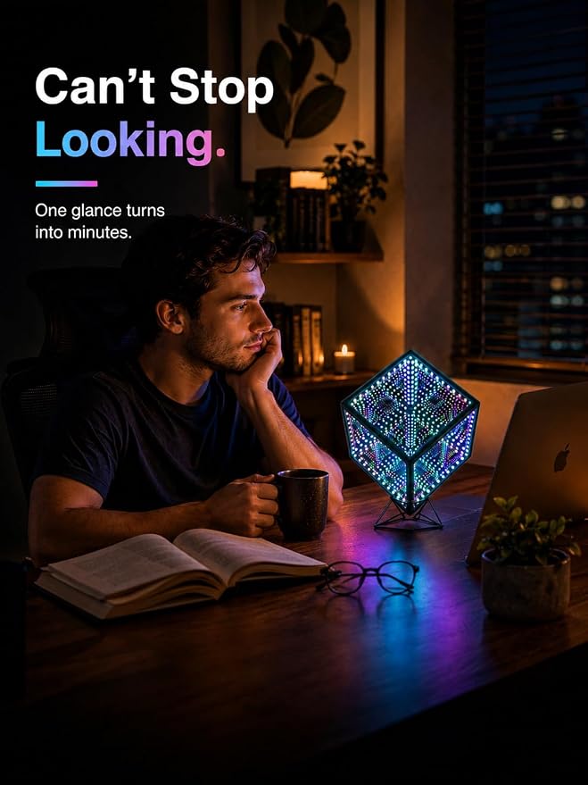 Infinity Mirror Hyper Cube Table Lamp, Desk Art Mood Light - Image 4