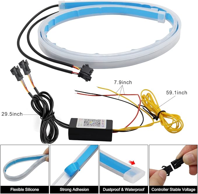 Car Headlight LED Strip, TEKSHINNY 2Pcs 24 Inches Flexible LED Strip Lights, Dual Color Red Turn Signal Yellow Lights Waterproof Daytime Running Light Strip for Truck SUV - Image 4