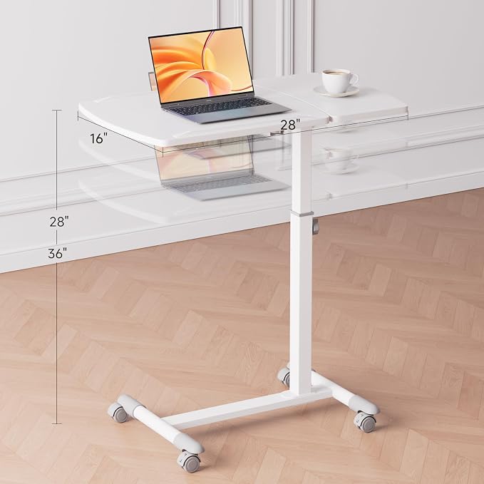 GTPLAYER Small Standing Desk, 28 Inches Tiltable Mobile Rolling Laptop PC Table with Lockable Casters, Adjustable Height Overbed Bedside Table Computer Workstation for Home Office, White-Tiltable - Image 3