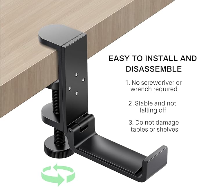 All Aluminum Foldable Headphone Holder for Desk, Headset Stand for Desk,Backpack Holder Hook for Desk,Table Bag Hook,Under Desk Clamp Hook for Gaming PC Accessories,Black - Image 3