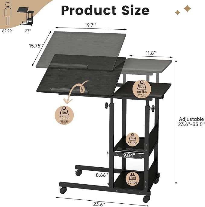 Hadulcet Adjustable C Table with Charging Station, Tiltable Desk C Shaped End Table for Couch, Over Bed Stand with Wheels Adjustable Height, Hospital Table Laptop Stand Drawing Desk, Black - Image 2